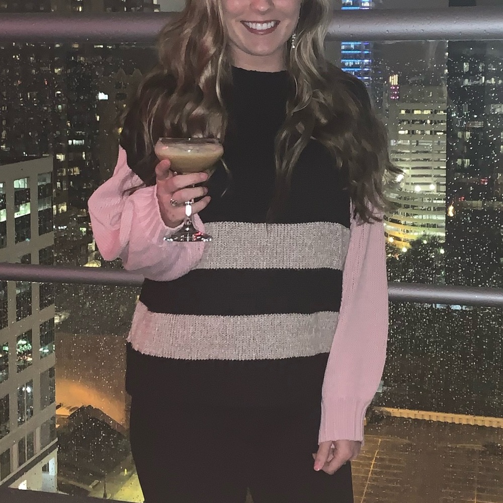 Cozy Black and Pink Sweater with Tan Stripes